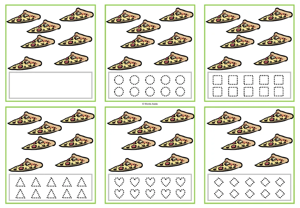 Counting task cards for 7 pizza slices: one blank version and five versions with dotted shapes to trace.