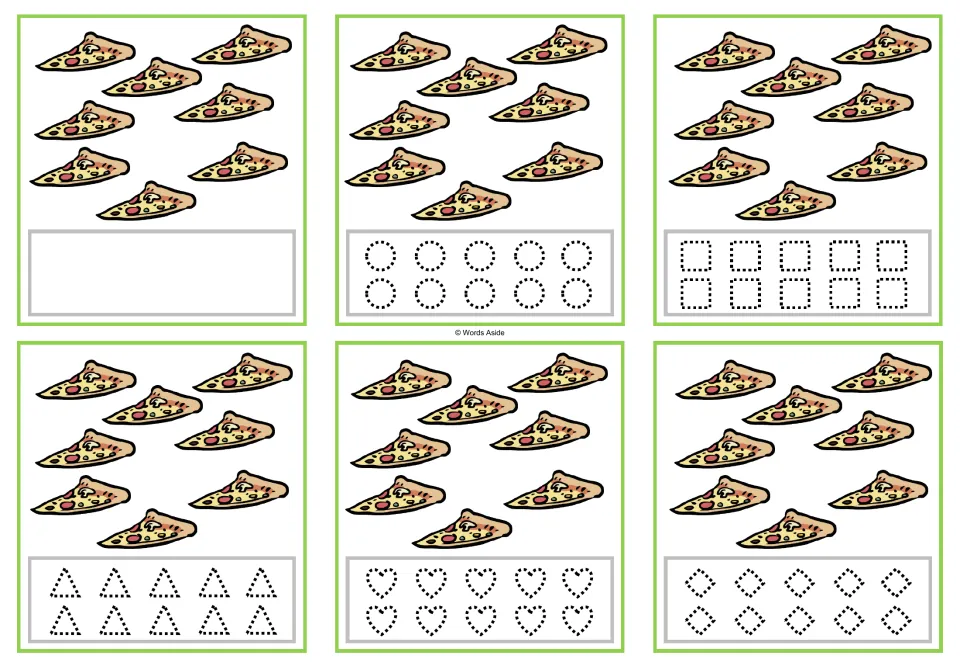 Counting task cards for 8 pizza slices: one blank version and five versions with dotted shapes to trace.