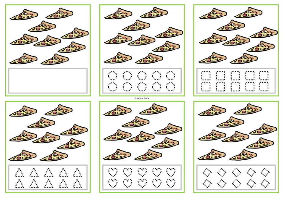 Counting task cards for 9 pizza slices: one blank version and five versions with dotted shapes to trace.