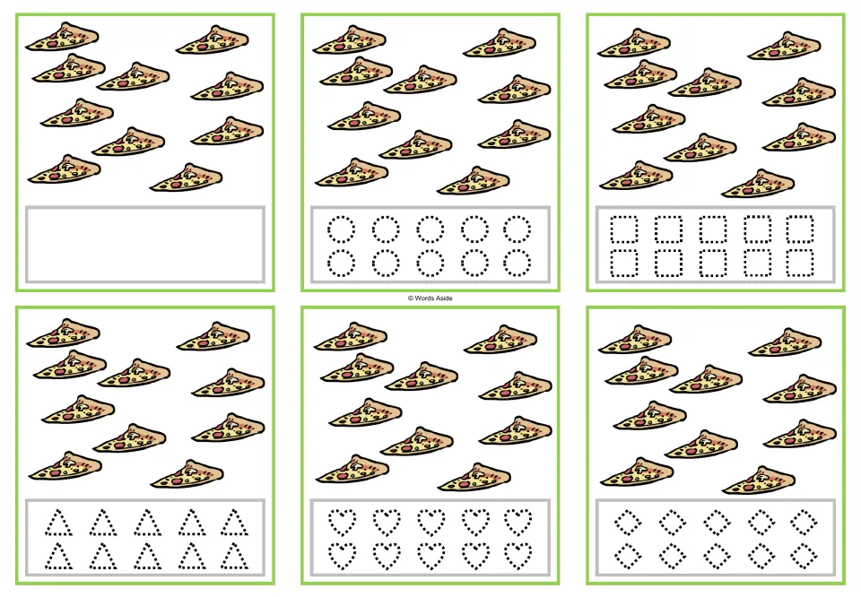 Counting task cards for 10 pizza slices: one blank version and five versions with dotted shapes to trace.