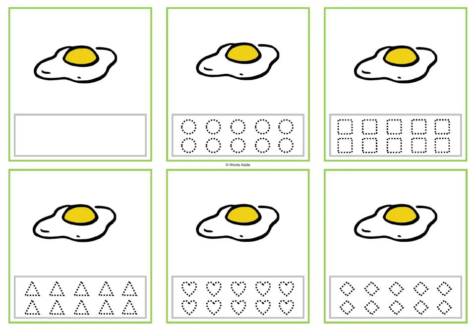 Counting cards for 1 egg: six versions with blank space or circles, squares, triangles, hearts, and rhombuses.