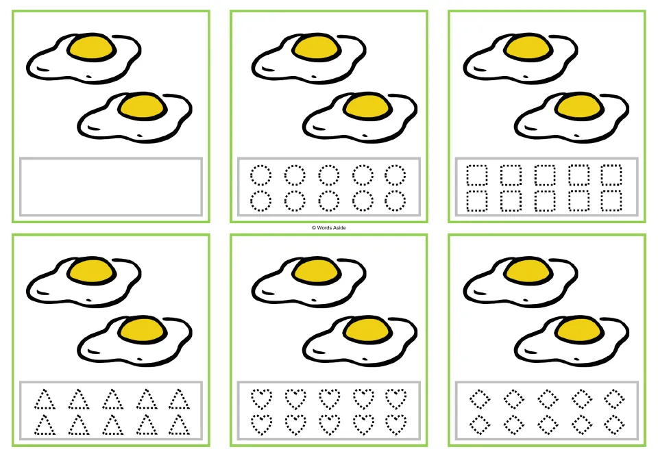 Counting cards for 2 eggs: six versions with blank space or circles, squares, triangles, hearts, and rhombuses.