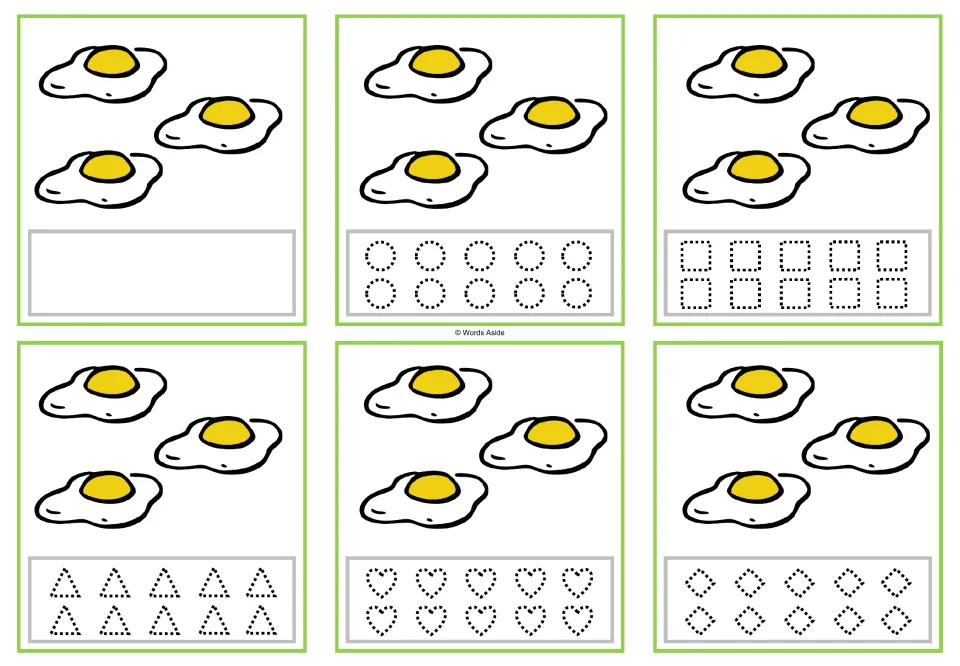 Counting cards for 3 eggs: six versions with blank space or circles, squares, triangles, hearts, and rhombuses.