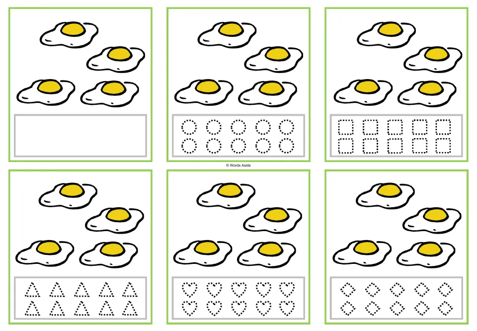 Counting cards for 4 eggs: six versions with blank space or circles, squares, triangles, hearts, and rhombuses.