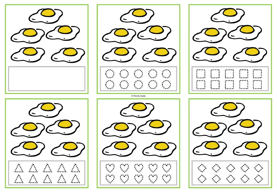 Counting cards for 5 eggs: six versions with blank space or circles, squares, triangles, hearts, and rhombuses.