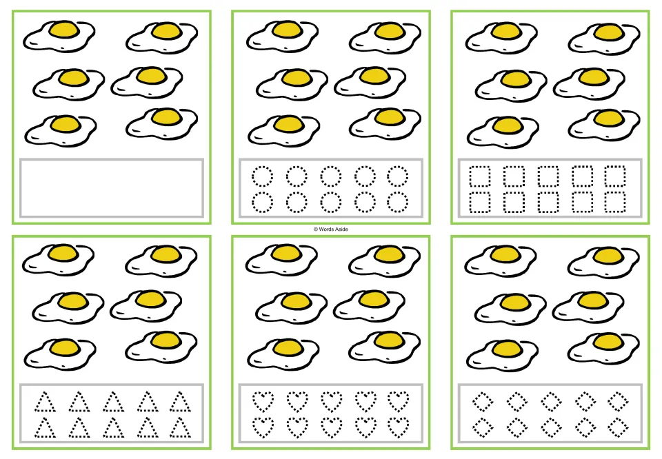 Counting cards for 6 eggs: six versions with blank space or circles, squares, triangles, hearts, and rhombuses.