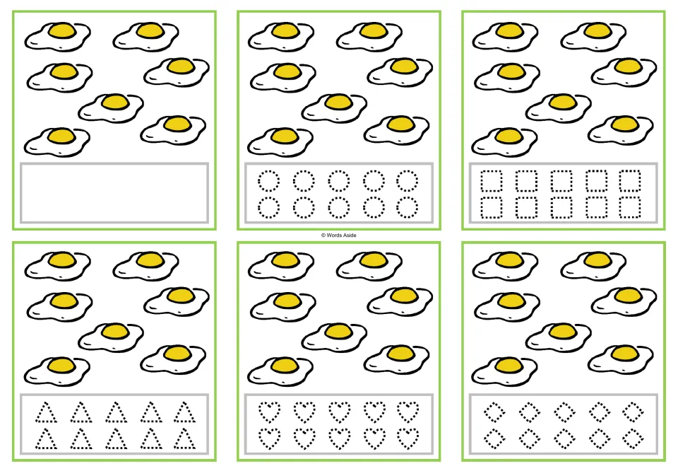 Counting cards for 7 eggs: six versions with blank space or circles, squares, triangles, hearts, and rhombuses.