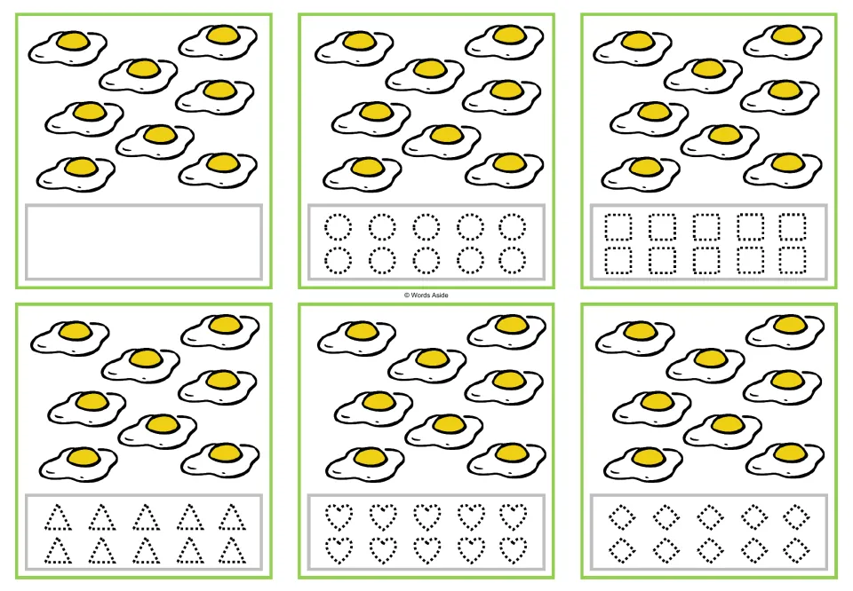 Counting cards for 8 eggs: six versions with blank space or circles, squares, triangles, hearts, and rhombuses.