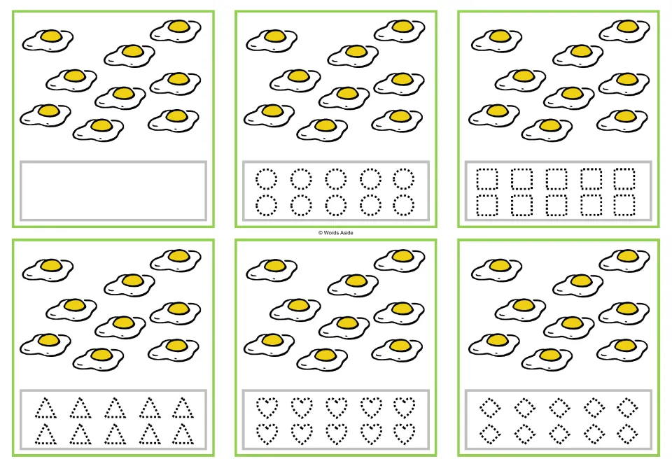Counting cards for 9 eggs: six versions with blank space or circles, squares, triangles, hearts, and rhombuses.