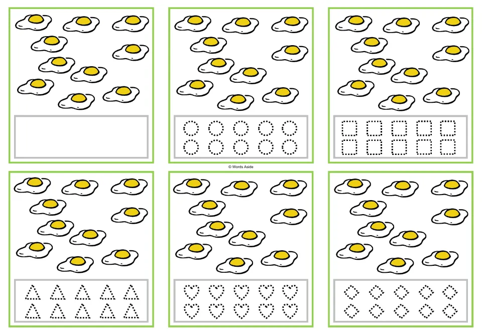 Counting cards for 10 eggs: six versions with blank space or circles, squares, triangles, hearts, and rhombuses.