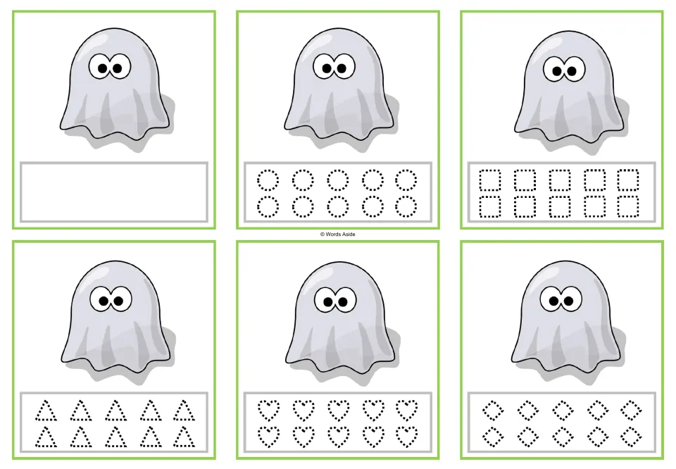 Counting cards for 1 ghost: blank response, or traceable circles, squares, triangles, hearts, and diamonds.
