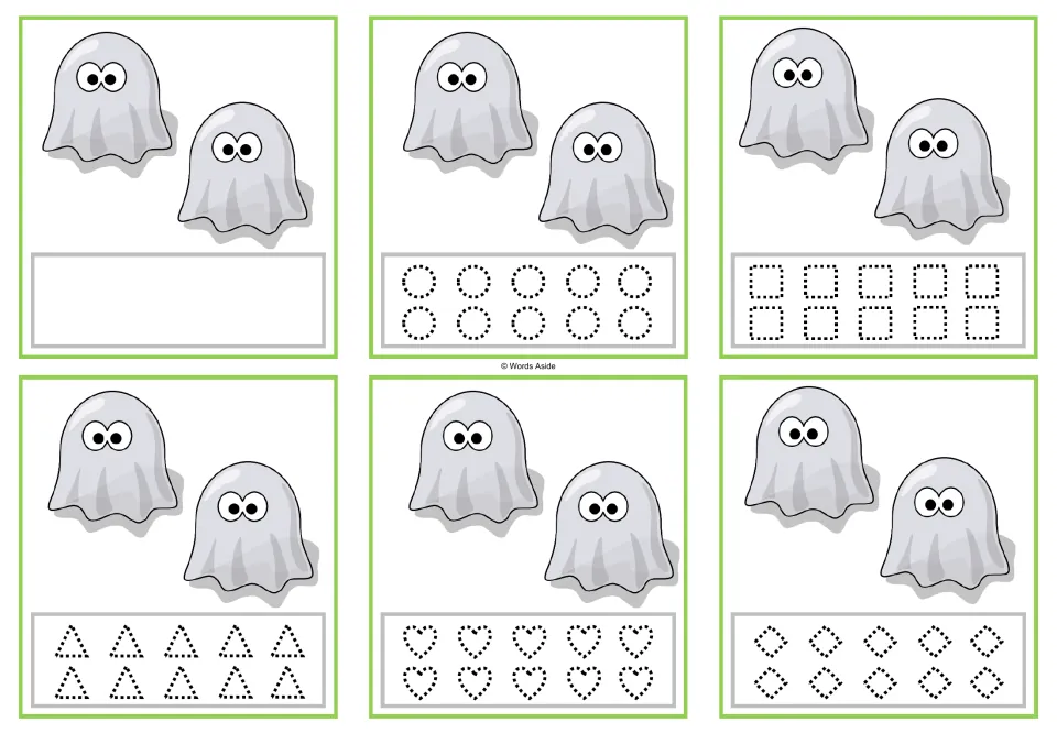 Counting cards for 2 ghosts: blank response, or traceable circles, squares, triangles, hearts, and diamonds.