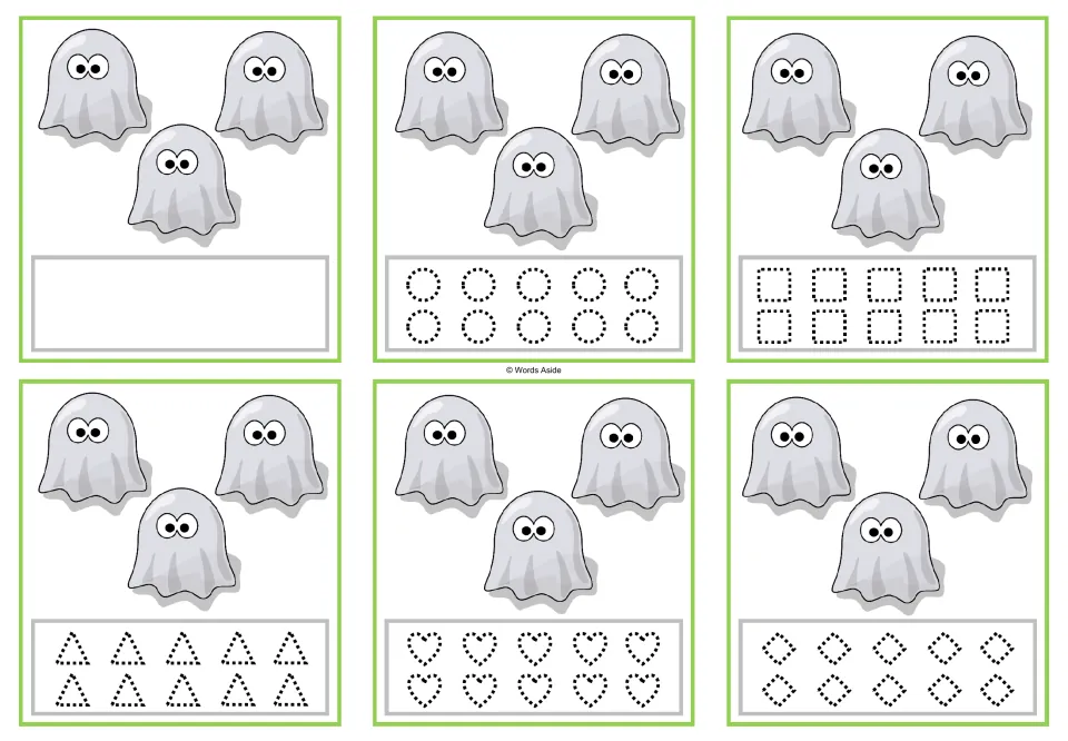 Counting cards for 3 ghosts: blank response, or traceable circles, squares, triangles, hearts, and diamonds.