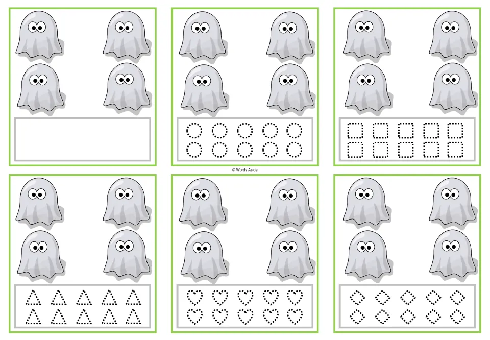 Counting cards for 4 ghosts: blank response, or traceable circles, squares, triangles, hearts, and diamonds.