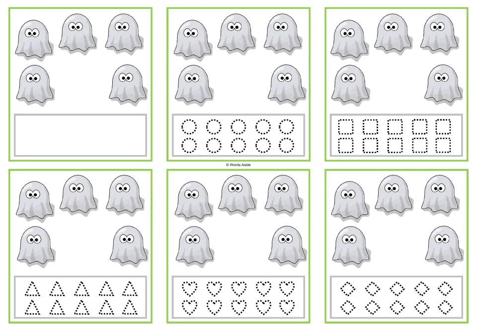 Counting cards for 5 ghosts: blank response, or traceable circles, squares, triangles, hearts, and diamonds.