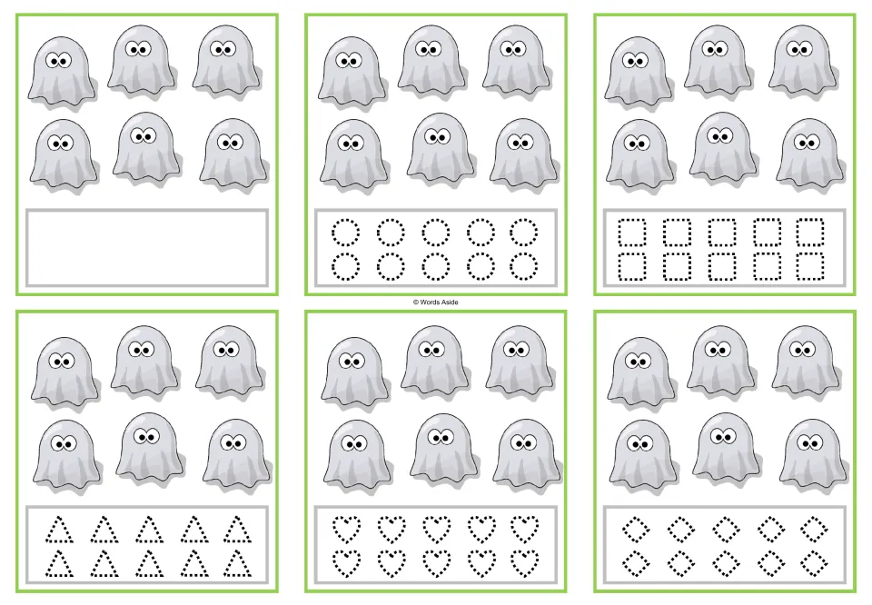 Counting cards for 6 ghosts: blank response, or traceable circles, squares, triangles, hearts, and diamonds.