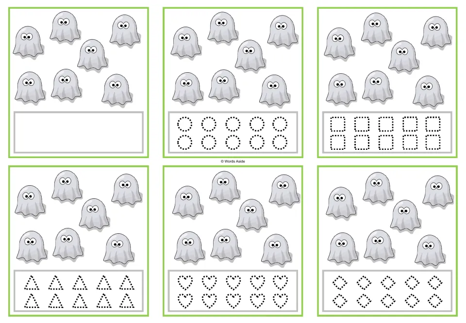 Counting cards for 7 ghosts: blank response, or traceable circles, squares, triangles, hearts, and diamonds.