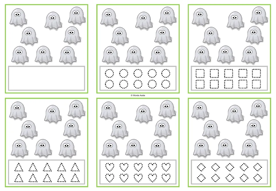Counting cards for 8 ghosts: blank response, or traceable circles, squares, triangles, hearts, and diamonds.