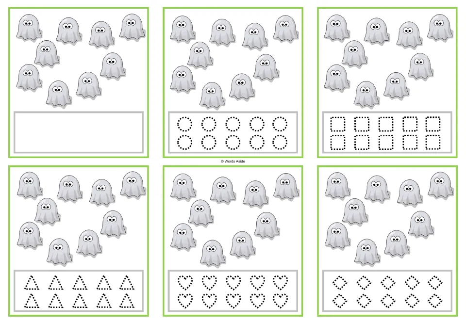 Counting cards for 9 ghosts: blank response, or traceable circles, squares, triangles, hearts, and diamonds.