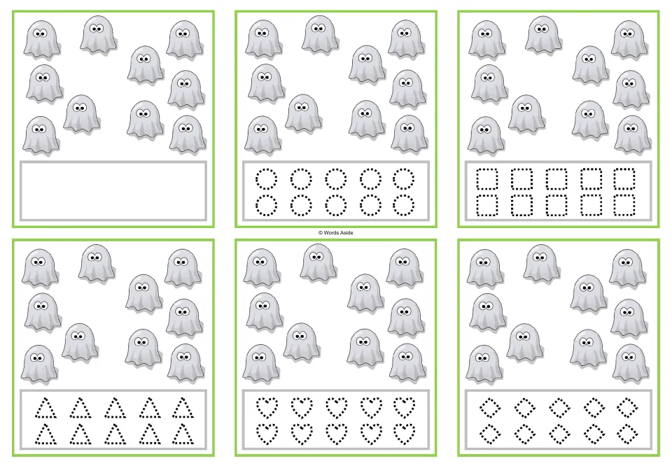 Counting cards for 10 ghosts: blank response, or traceable circles, squares, triangles, hearts, and diamonds.