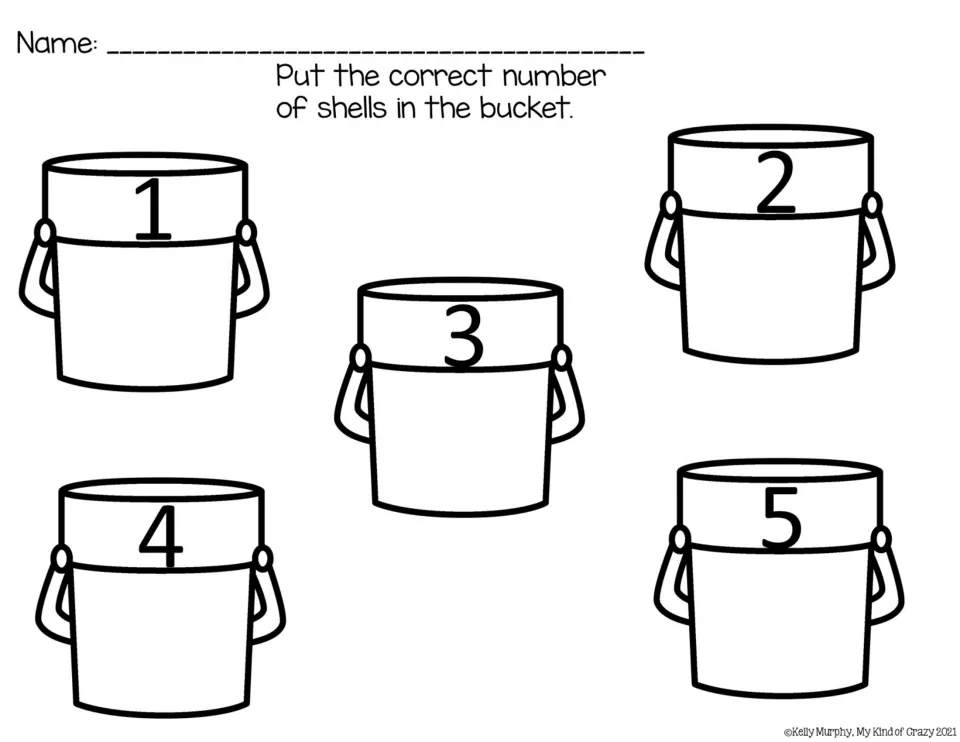 Counting 1 to 5: students put the correct number of shells in five sand buckets labeled 1, 2, 3, 4 and 5