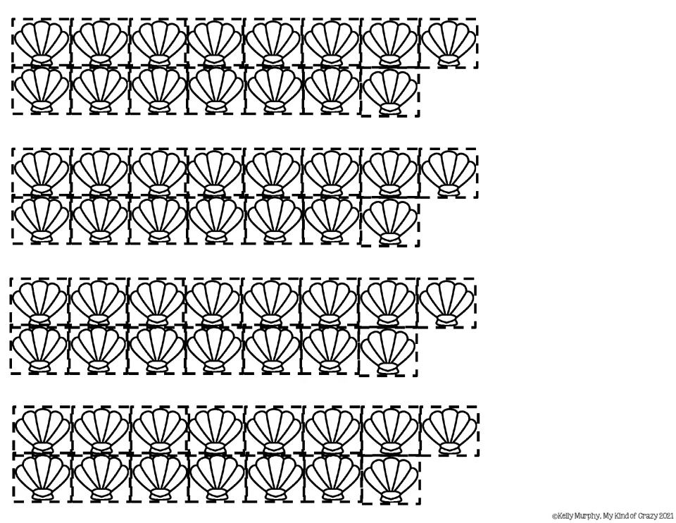 Cut-out seashells: four sets of 15 shells to cut apart and place in the buckets numbered 1 to 5