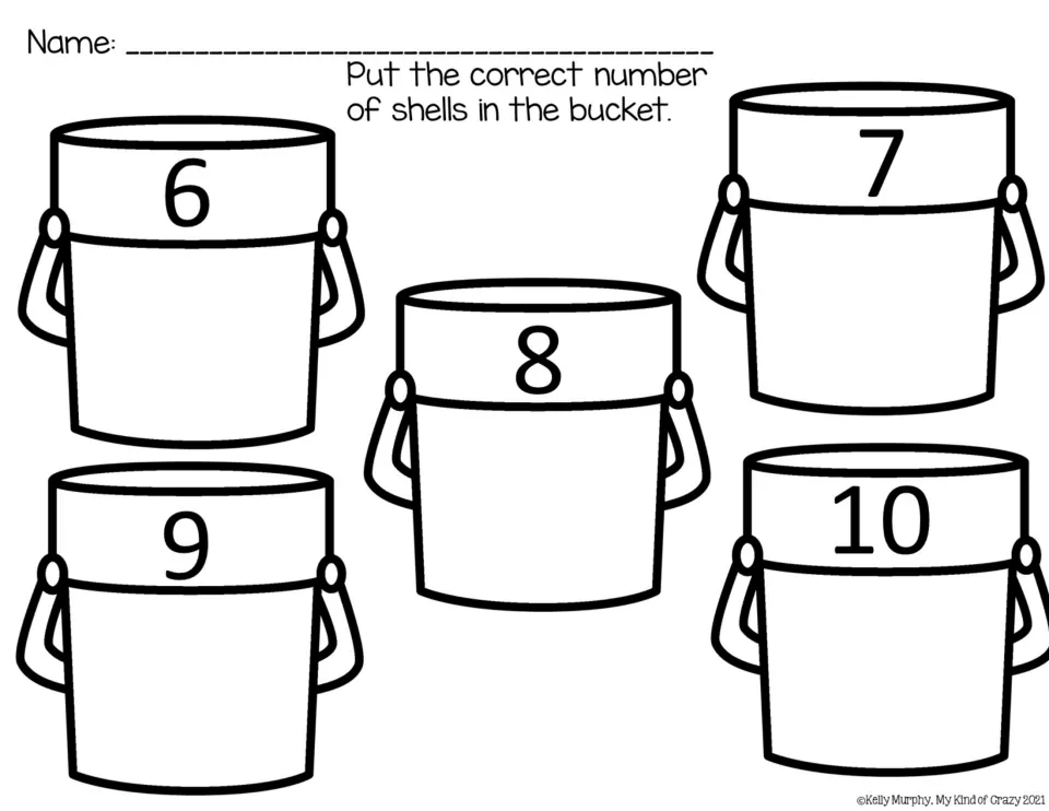 Counting 6 to 10: students put the correct number of shells in five sand buckets labeled 6, 7, 8, 9 and 10