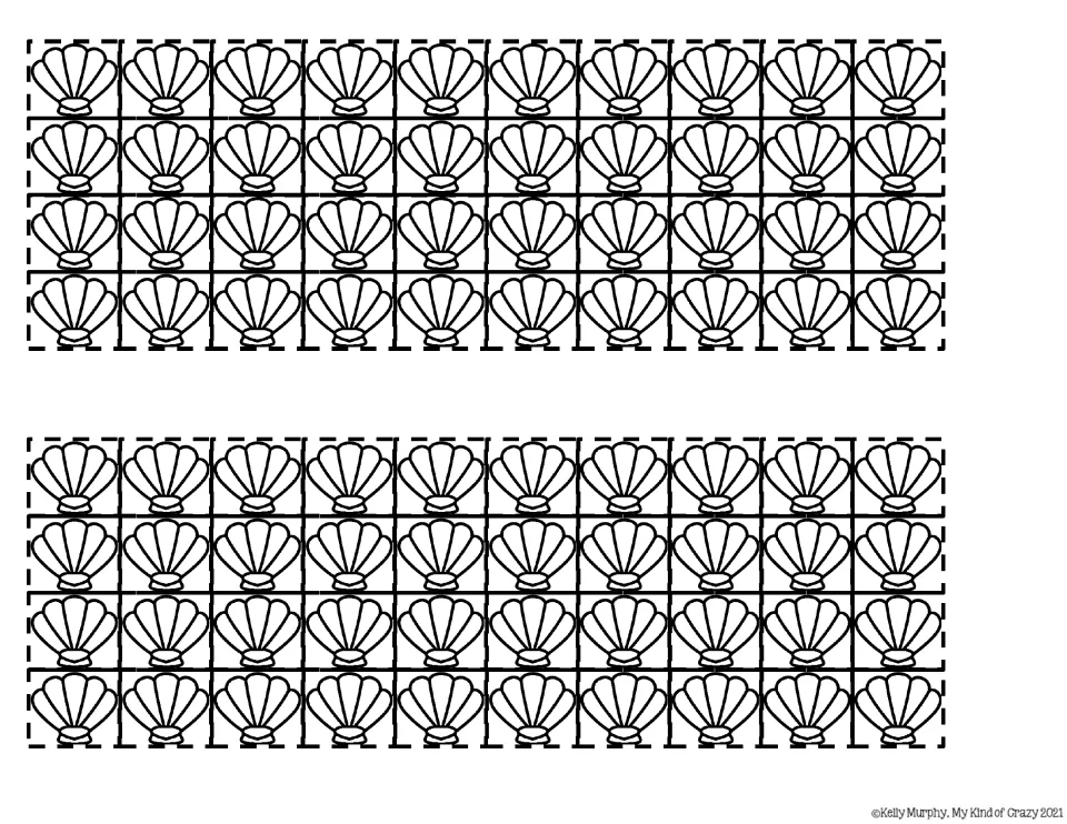 Cut-out seashells: two sets of 40 shells for students to cut out and count into the buckets numbered 6 to 10