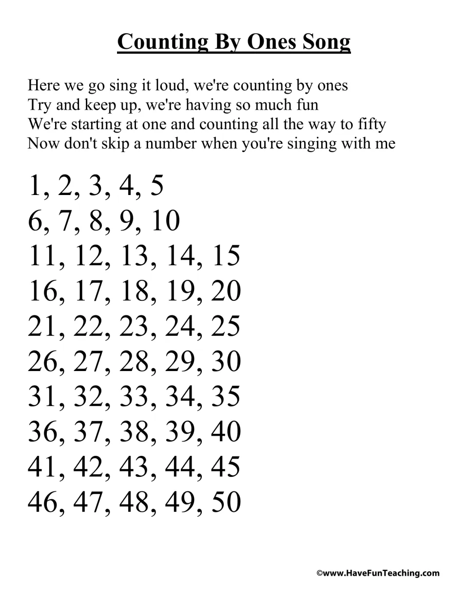 Counting By Ones Song lyric sheet: students sing a four-line verse, then count aloud from 1 to 50 in rows of five