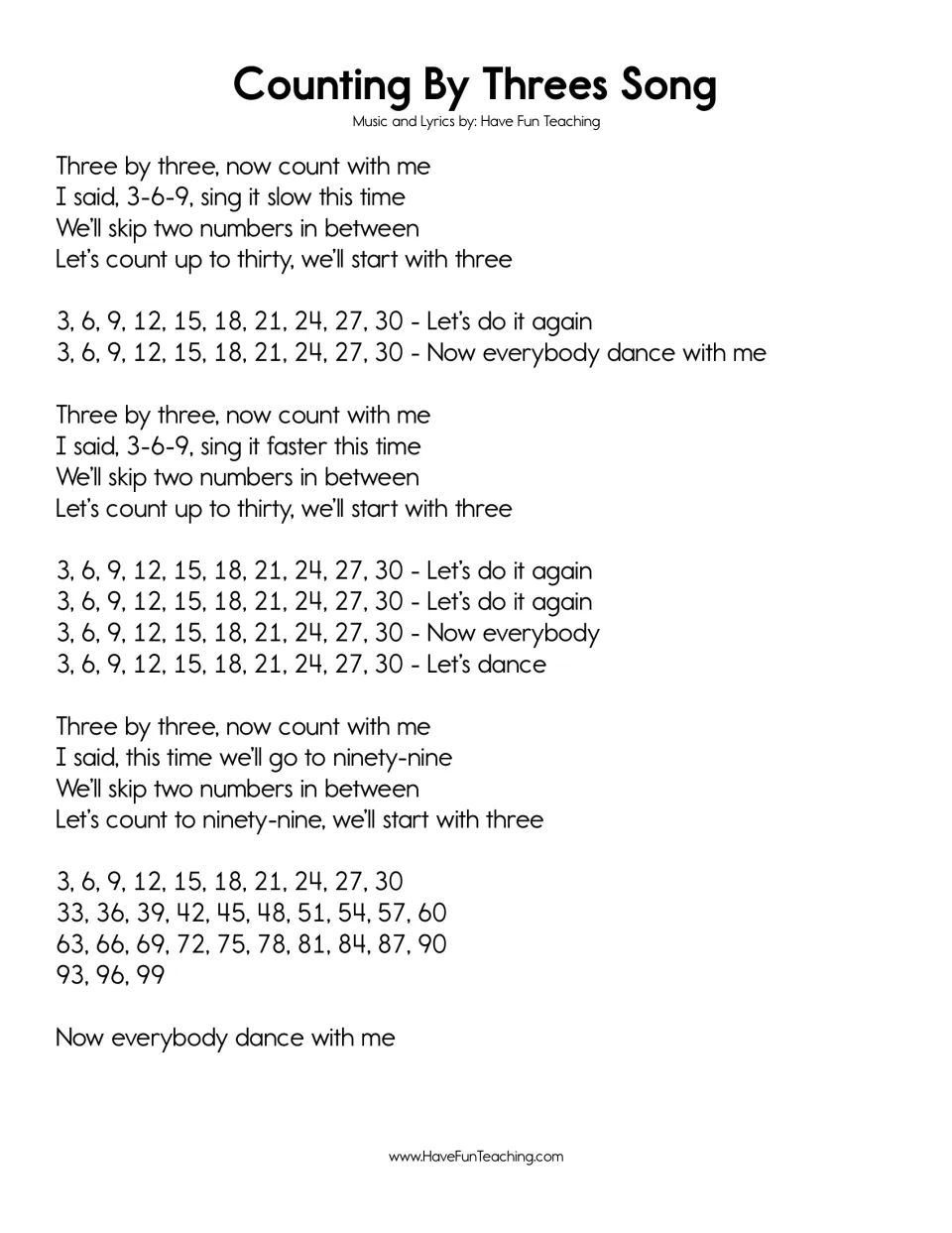 Counting By Threes Song lyrics: students sing and skip count by 3s, first from 3 to 30 and then all the way to 99