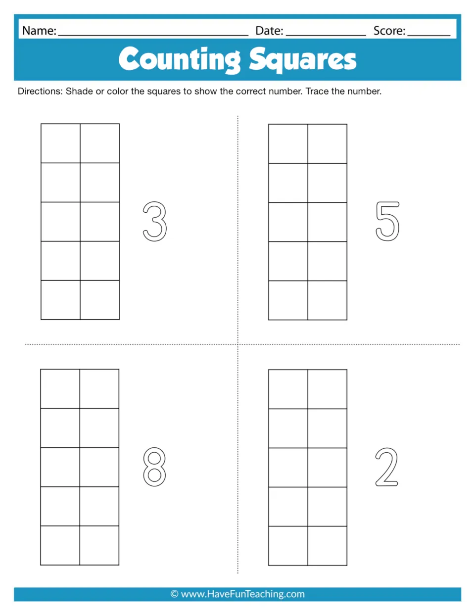 Counting practice sheet 1: shade or color squares to show 3, 5, 8, and 2, then trace each number.