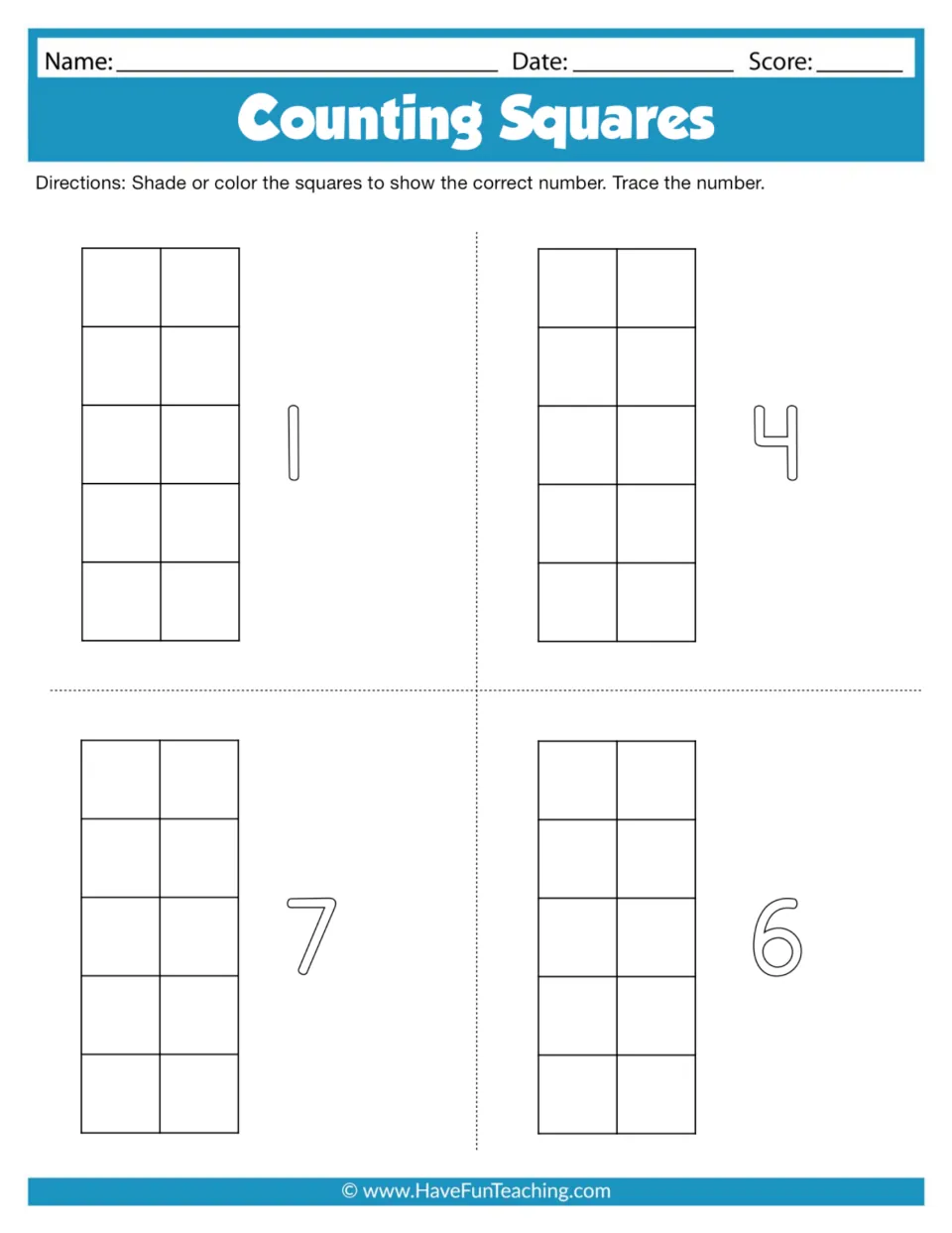Counting practice sheet 2: shade or color squares to show 1, 4, 7, and 6, then trace each number.