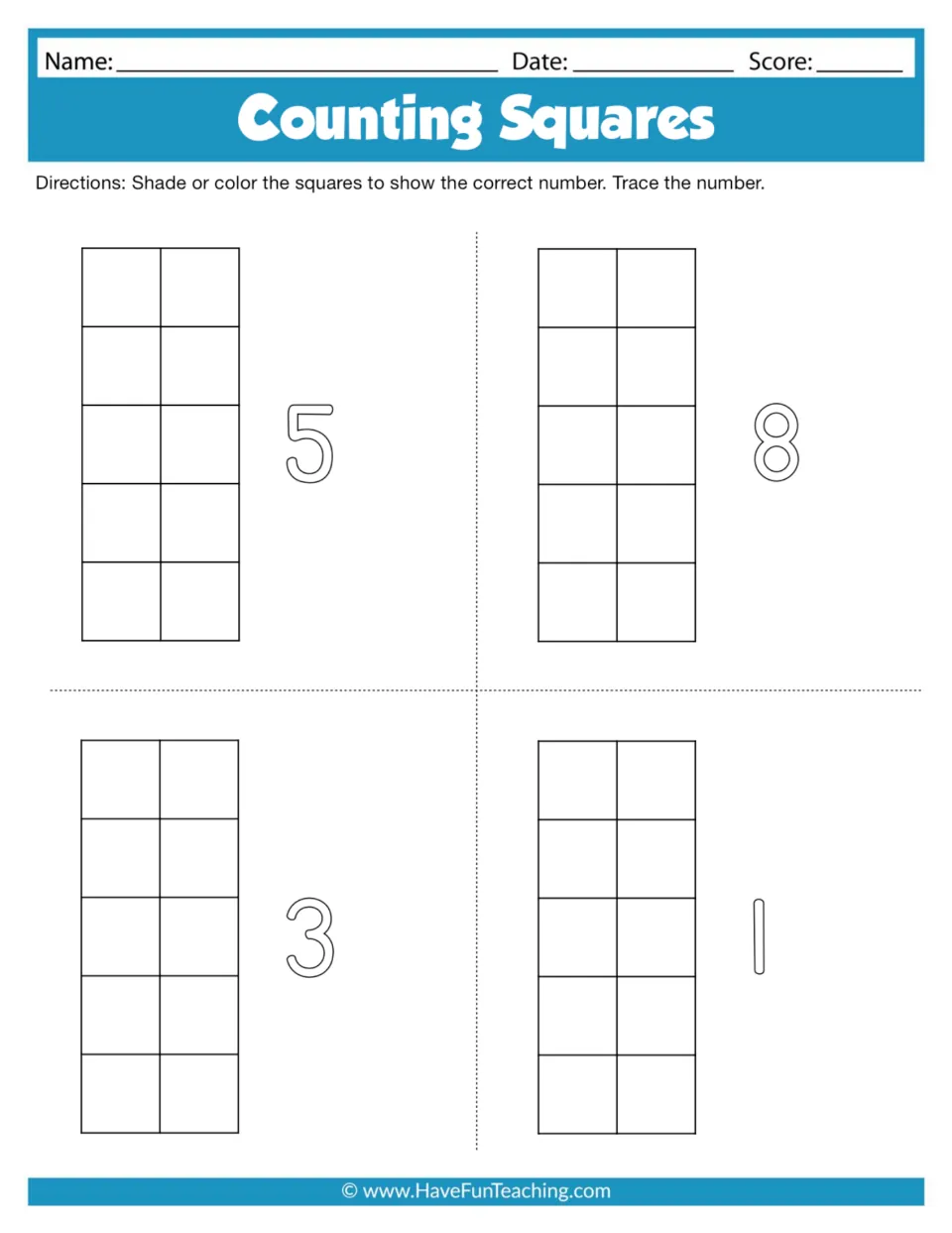 Counting practice sheet 4: shade or color squares to show 5, 8, 3, and 1, then trace each number.