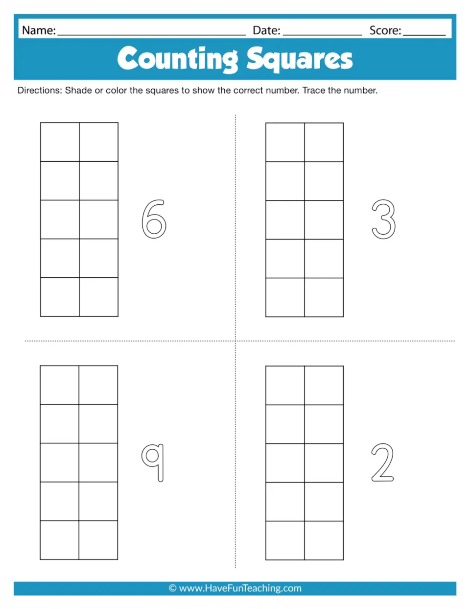 Counting practice sheet 5: shade or color squares to show 6, 3, 9, and 2, then trace each number.