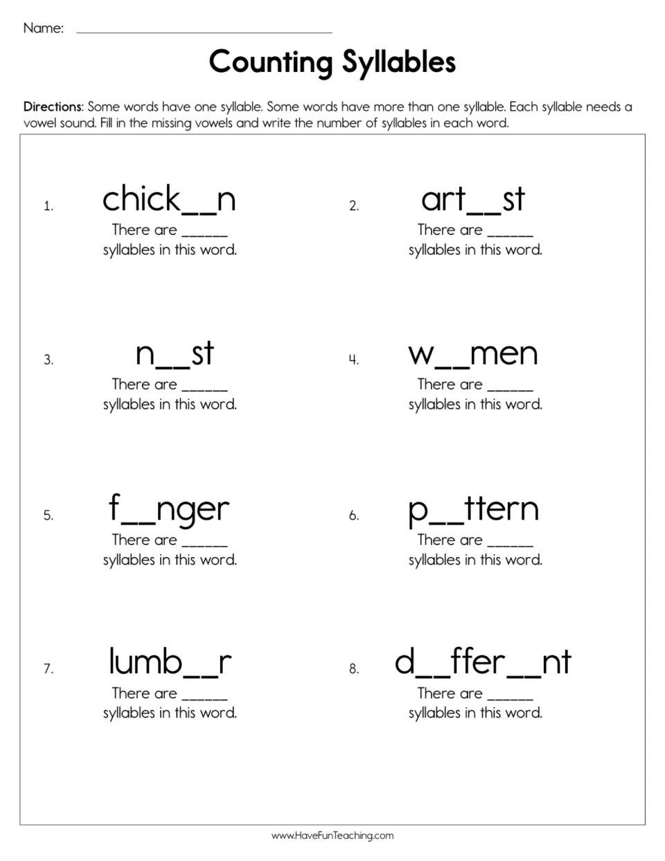 Counting syllables: students fill in missing vowels in 8 words like chicken and different, then write each syllable count