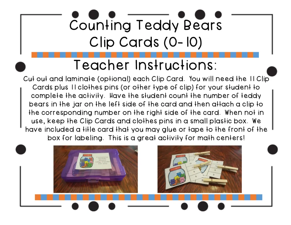 Teacher instructions for the clip cards: cut out and laminate 11 cards, add 11 clothes pins, store in a plastic box