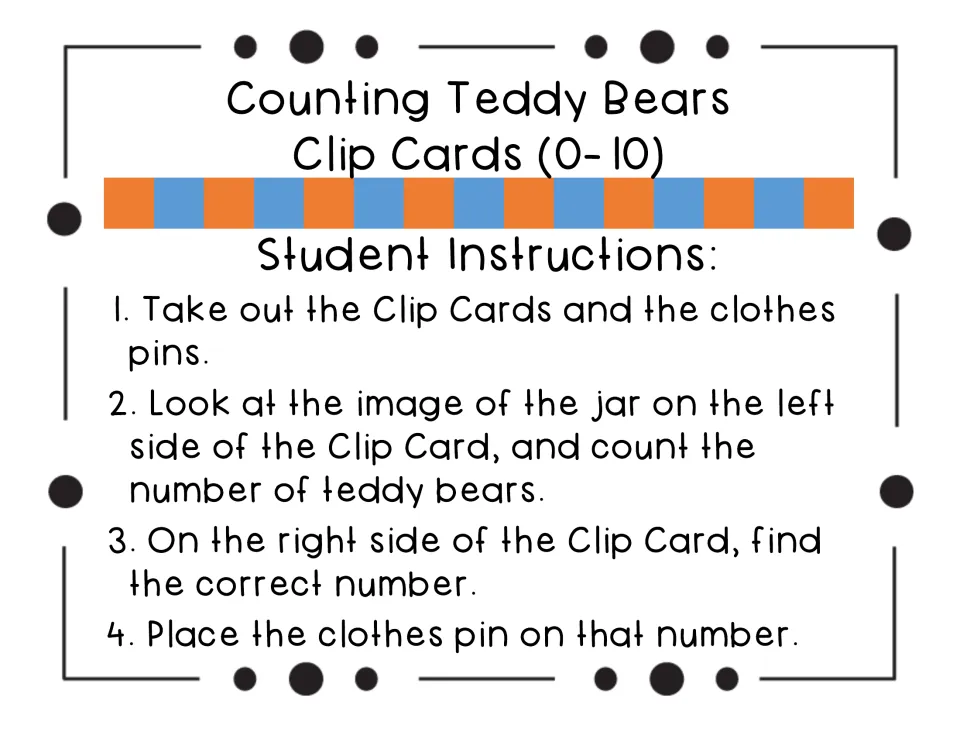 Student instructions: count the teddy bears in the jar, find the number, then place the clothes pin on it