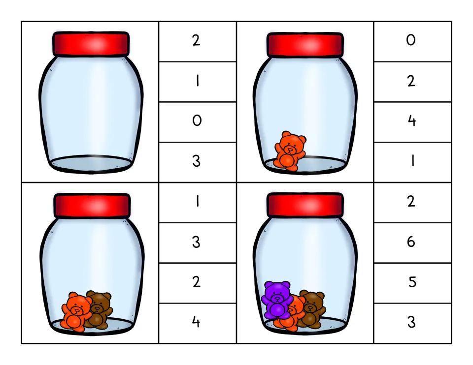 Clip cards 0–3: jars holding zero, one, two and three teddy bears, each with four number choices to clip
