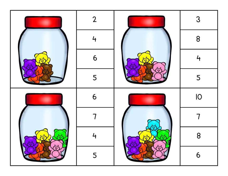 Clip cards 4–7: jars holding four to seven teddy bears, each with four number choices from 2 to 10