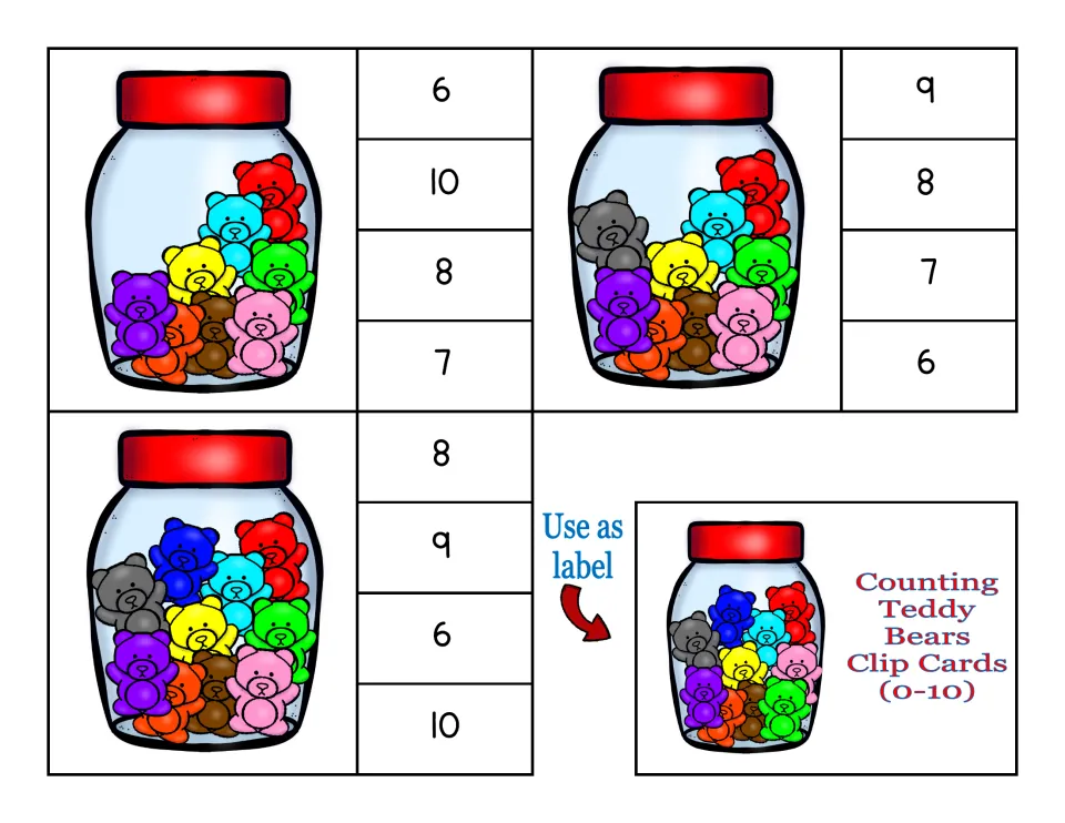 Clip cards 8–10 with jars of eight, nine and ten teddy bears, plus the 'Use as label' title card for the box
