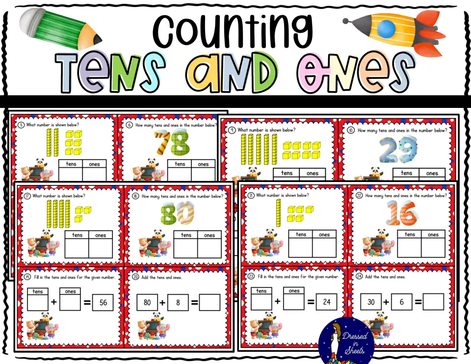 Counting Tens and Ones cover showing sample place value task cards with base-ten blocks, tens and ones charts and sums