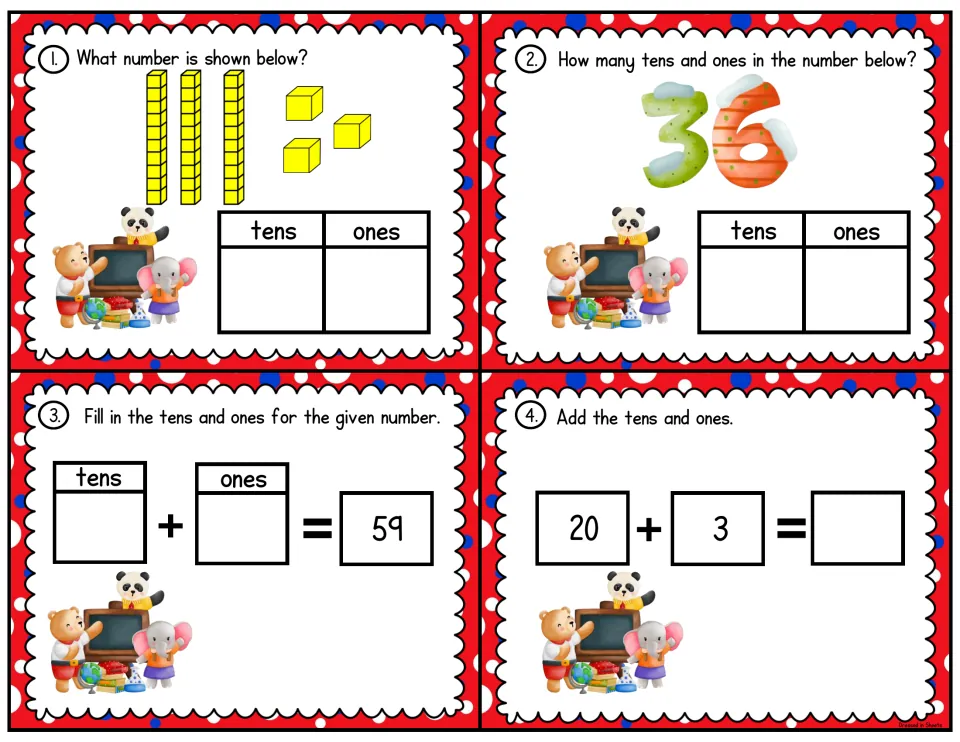 Place value cards 1-4: students name a number from base-ten blocks, split 36 and 59 into tens and ones, and add 20 + 3