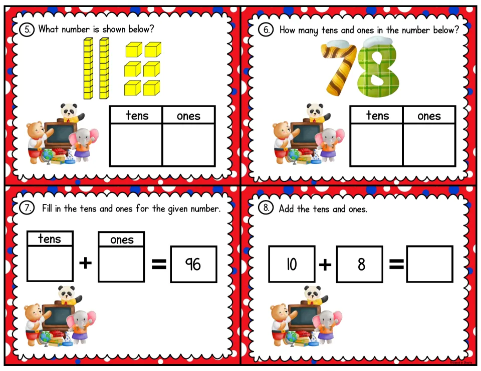Place value cards 5-8: students read 2 rods and 6 cubes, find tens and ones in 78 and 96, and add 10 + 8 to make a number