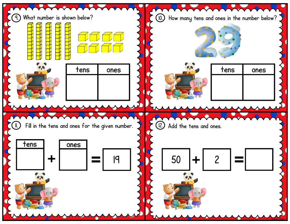 Place value cards 9-12: students count 5 tens rods and 8 unit cubes, break 29 and 19 into tens and ones, and add 50 + 2