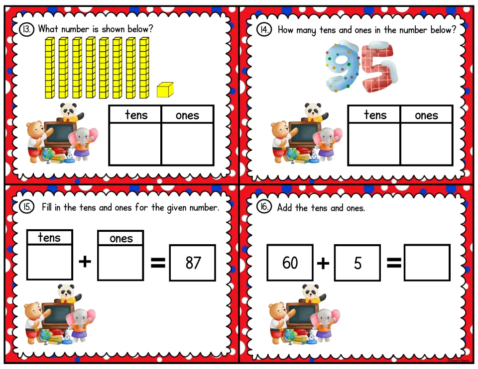Place value cards 13-16: students count 8 tens rods and 1 cube, find tens and ones in 95 and 87, and add 60 + 5