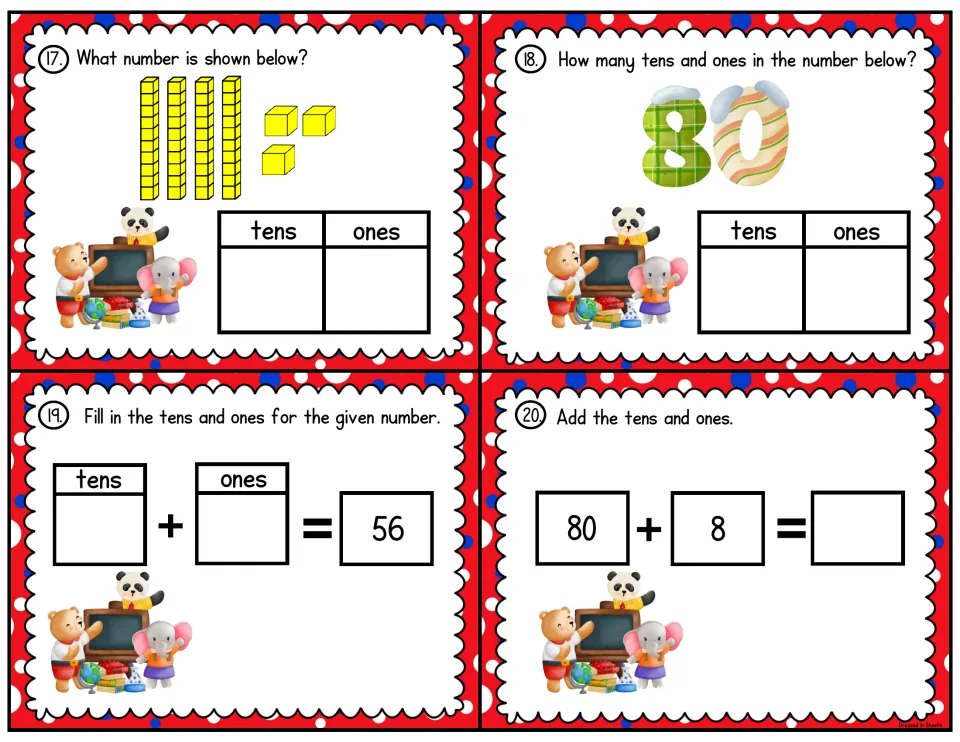 Place value cards 17-20: students name 4 rods and 3 cubes, write tens and ones for 80 and 56, then add 80 + 8