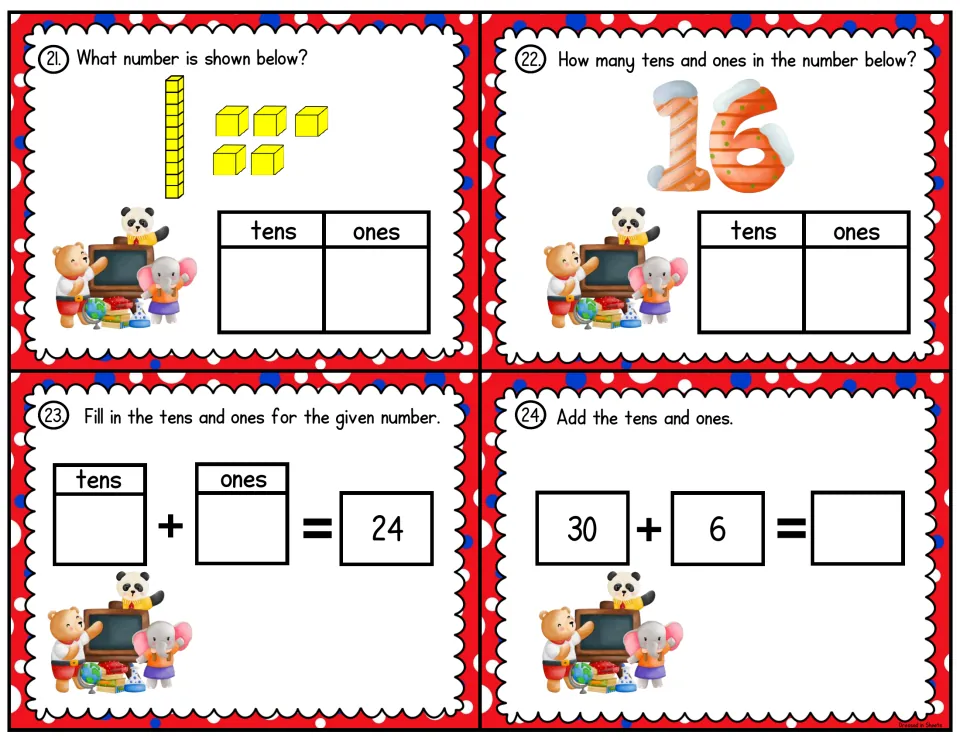 Place value cards 21-24: students read 1 rod and 5 cubes, split 16 and 24 into tens and ones, and add 30 + 6