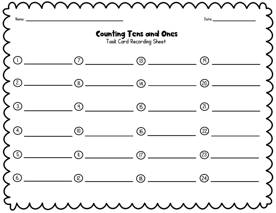 Task card recording sheet with name and date lines where students write their answers to place value cards 1 through 24