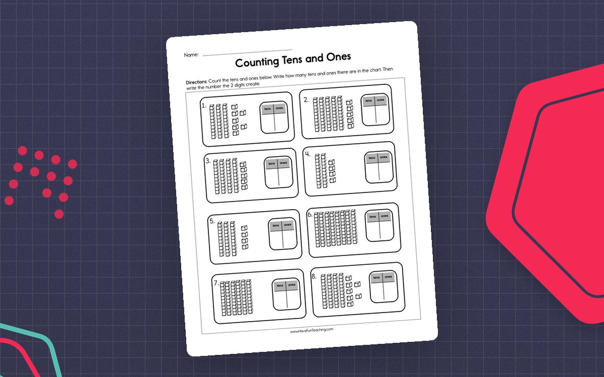 Counting Tens and Ones Worksheet preview: Base-ten tens-and-ones representations