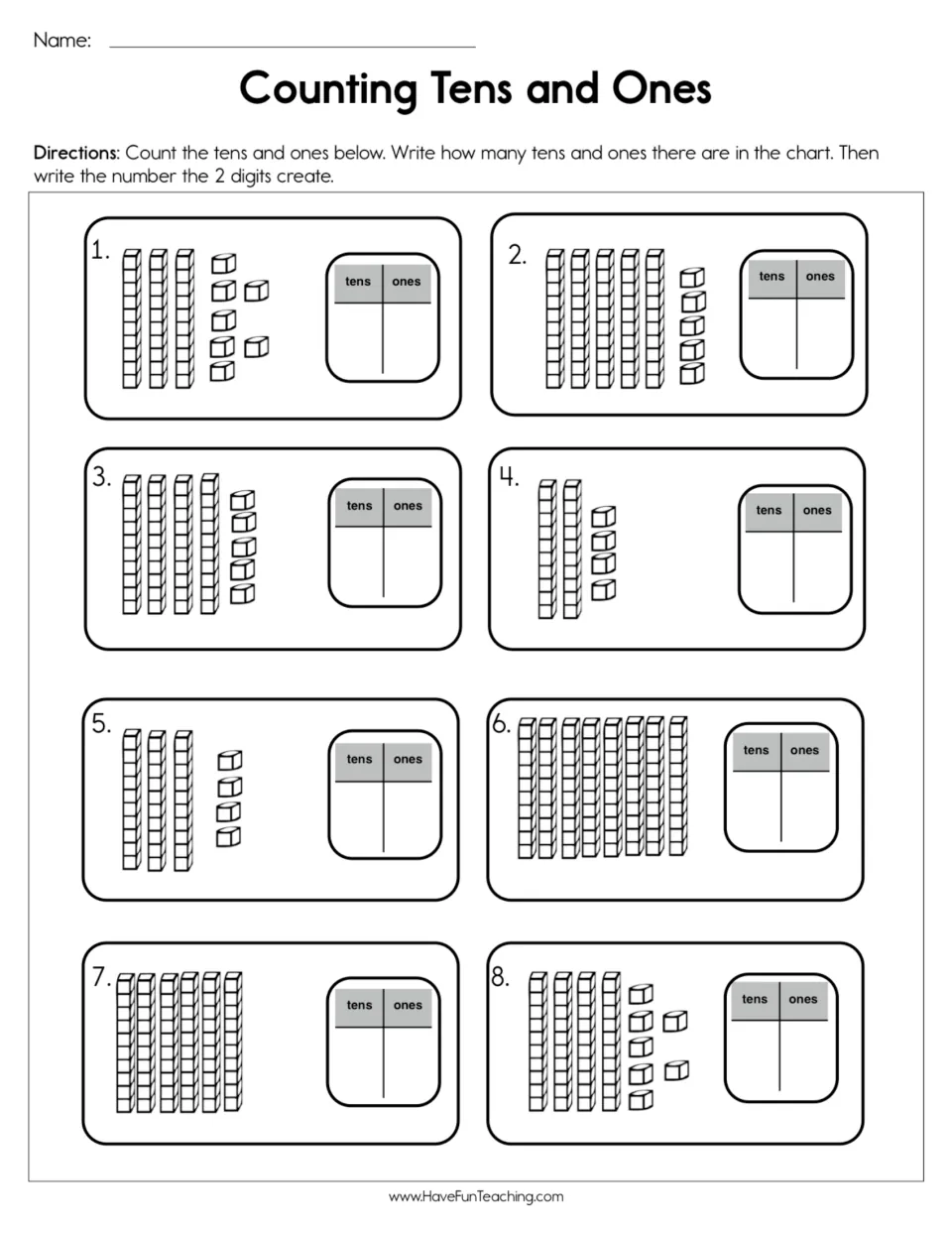 Place value: students count base-ten rods and cubes in 8 sets, record tens and ones in a chart, then write the number